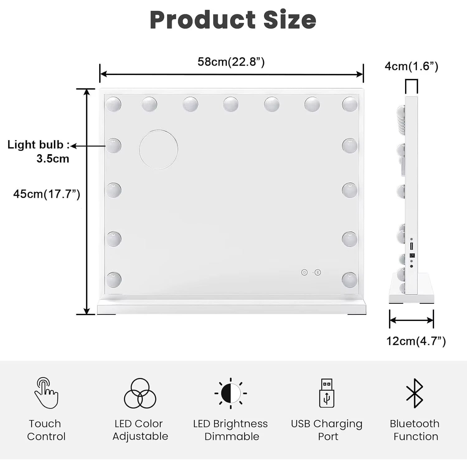 Bluetooth Hollywood Vanity Mirror with Lights, 58 × 45 Cm Large LED Makeup Mirror with 15 Dimmable Bulbs, 3 Color Modes,Usb Port