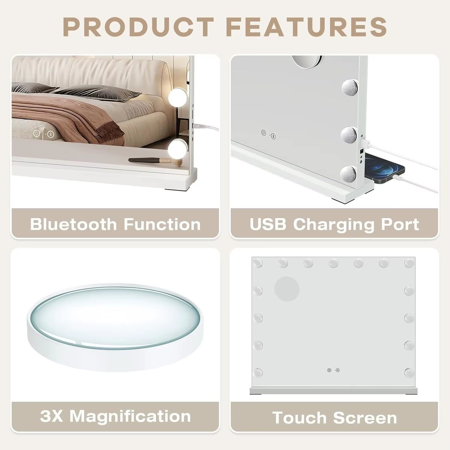 Bluetooth Hollywood Vanity Mirror with Lights, 58 × 45 Cm Large LED Makeup Mirror with 15 Dimmable Bulbs, 3 Color Modes,Usb Port